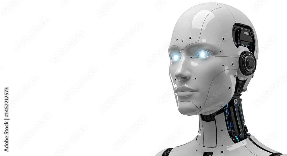 Naklejka premium digital head artificial intelligence concept, subject on the right with copy space on the left, glossy modern style. ,isolated on bright background, no text, ultra sharp detailed