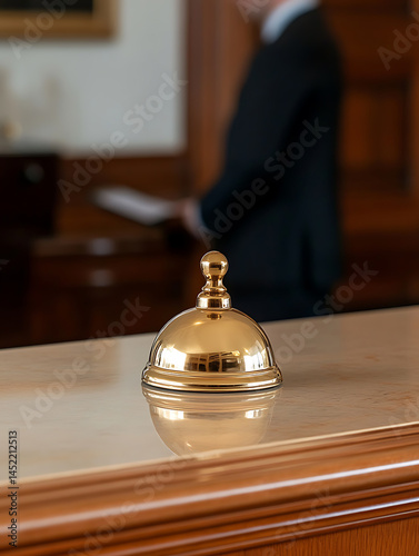 A shiny gold reception bell sits on a counter with a worker blurred in the background. High-quality service with a classic touch.