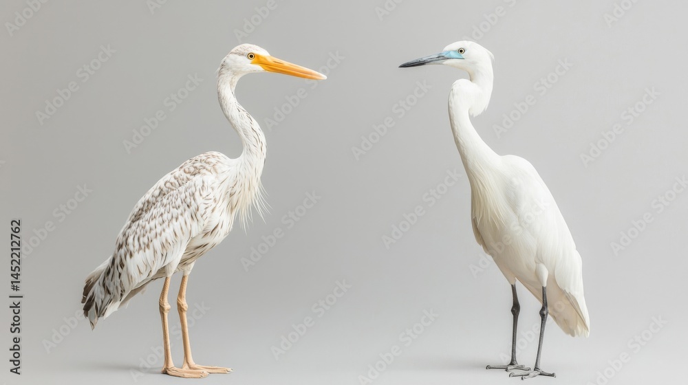Obraz premium Two elegant herons stand side by side against a neutral background, showcasing nature's beauty.