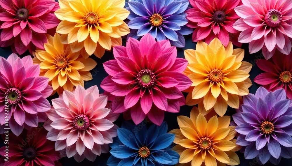 Intricate dahlia blooms in vibrant hues, forming a repeating floral pattern , texture, red Intricate dahlia blooms in vibrant hues, forming a repeating floral pattern , texture, red