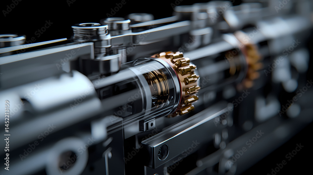 Naklejka premium A close-up view of intricate metallic gears and mechanical components in a high-tech machine.