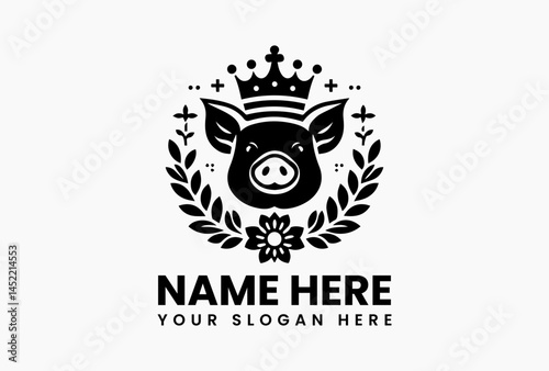 Elegant pig vector logo featuring floral crown and royal headpiece, a refined and stylish design perfect for boutique farm, organic, or beauty branding  