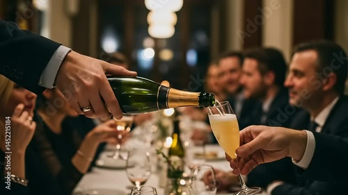 Champagne is poured at formal dinner parties, fancy dinners, with businessmen, relatives, family.