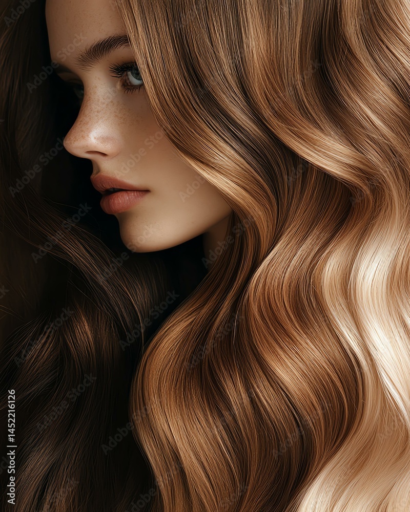 Naklejka premium Beautiful wavy hair close up, glossy wavy hair close up showing natural shine and volume. Profile of a woman with beautiful flowing hair.