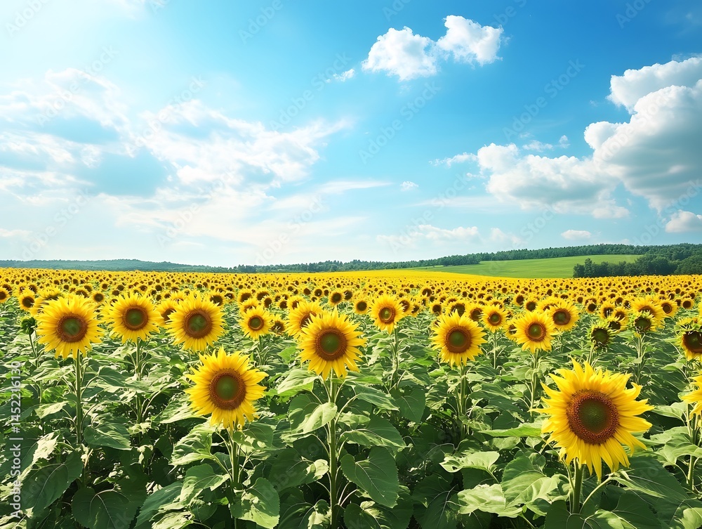Obraz premium 51. A bright sunflower field stretching toward the horizon under a blue sky