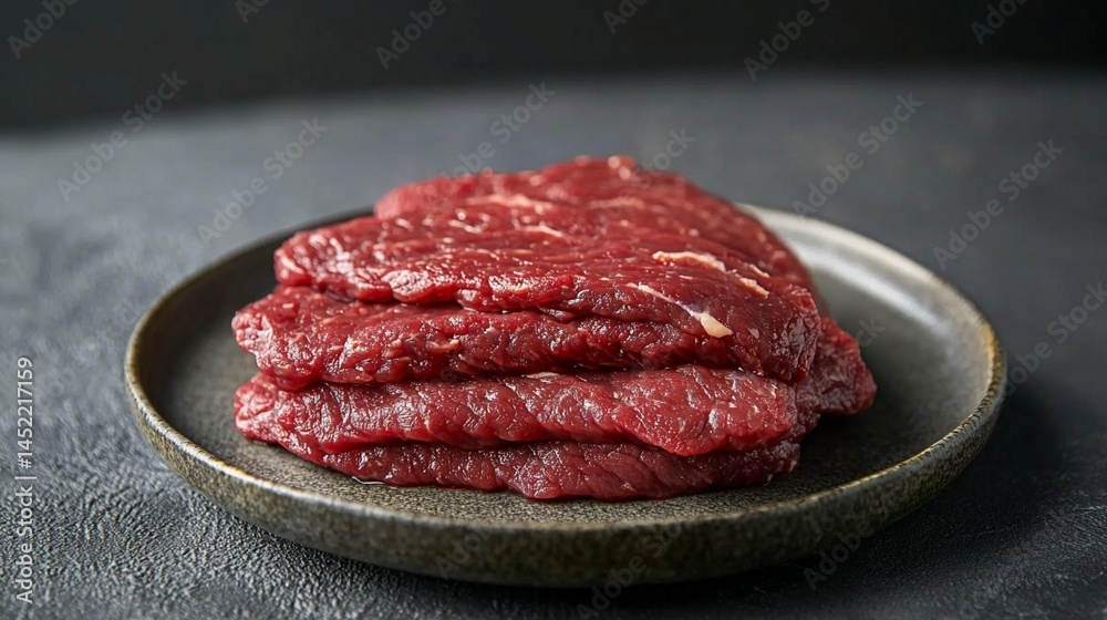 Freshly cut beef slices stacked elegantly on a rustic plate, showcasing the rich red color and marbling of high-quality meat, perfect for gourmet cooking or barbecuing outside. Freshly cut beef slices stacked elegantly on a rustic plate, showcasing the rich red color and marbling of high-quality meat, perfect for gourmet cooking or barbecuing outside.