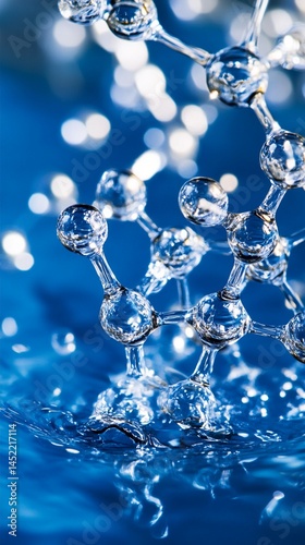 Obraz na płótnie Close-up of water molecules creating a stunning visual display, showcasing their intricate structures and reflections against a vibrant blue background, evoking a sense of science and purity. w salonie