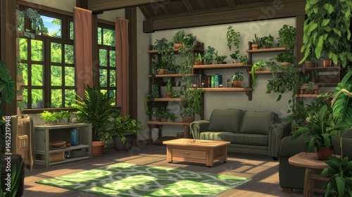 Sunlit living room, abundant plants, wooden furniture.