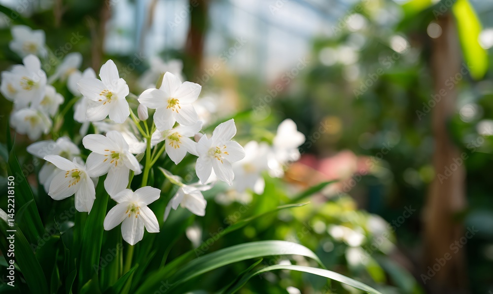 Fototapeta premium Multiple Eucharis flowers in full bloom growing in a bright greenhouse with lush green foliage, Generative AI