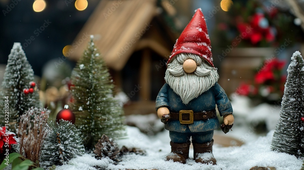 A whimsical winter scene featuring a charming gnome surrounded by snow-covered trees and festive decorations, perfect for holiday-themed designs and seasonal creativity. A whimsical winter scene featuring a charming gnome surrounded by snow-covered trees and festive decorations, perfect for holiday-themed designs and seasonal creativity.