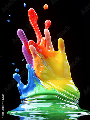 Vibrant rainbow paint splash explodes against a black background, a dynamic burst of color and energy.  Ideal for concepts of creativity, innovation, and artistic expression.