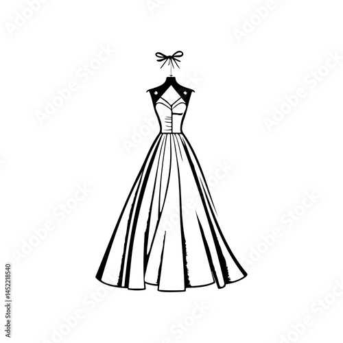 Elegant evening gown sketch on hanger, classic fashion design illustration