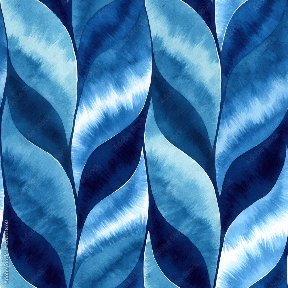 Blue leaf seamless pattern with watercolor texture creating calming and artistic design