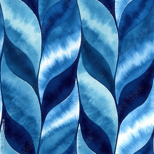 Blue leaf seamless pattern with watercolor texture creating calming and artistic design