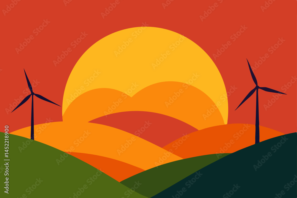 wind turbines on sunset