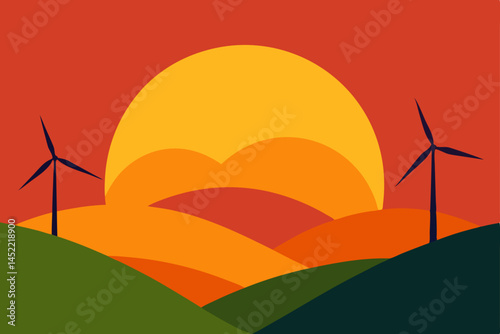 wind turbines on sunset