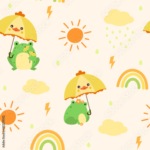 Animalistic Umbrella with cute kawaii animal chicken  face seamless pattern. Rainy weather kids background for fabric textile surface design. Vector illustration, frog, rain, cloud, rainbow