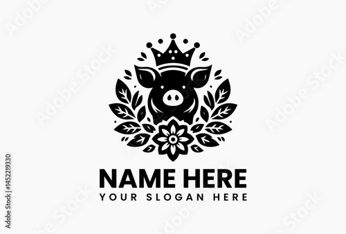 Ornate pig portrait with rococo crown of roses, vintage vector logo for gourmet charcuterie and wine labels  