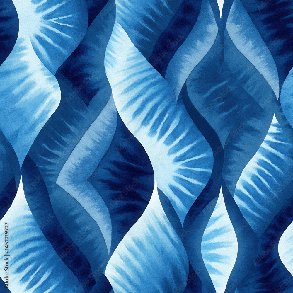 Blue abstract seamless pattern with wavy shapes creating dynamic flow