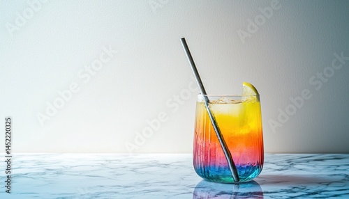 A minimalist photo a stainless steel straw in a vibrant cocktail glass, placed on a marble surface