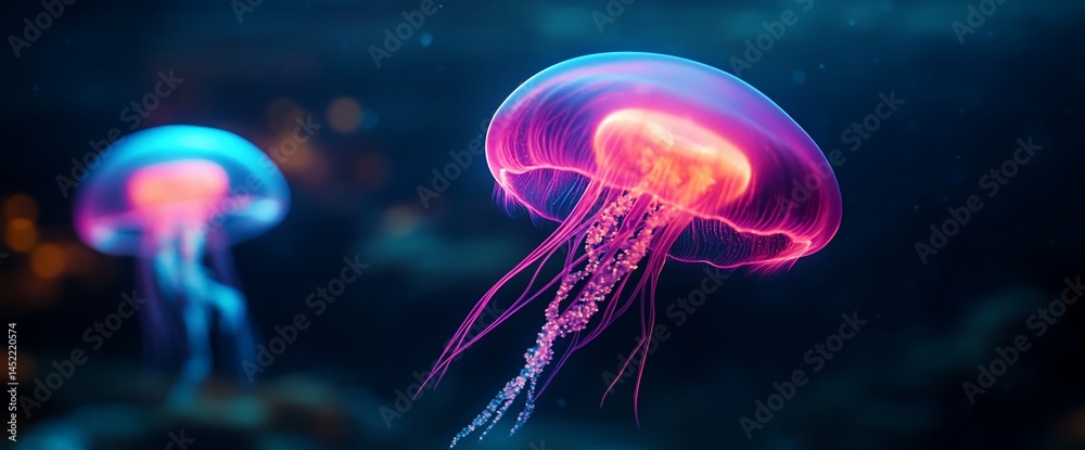 Ethereal bioluminescent jellyfish gracefully dances through deep dark sea Ethereal bioluminescent jellyfish gracefully dances through deep dark sea