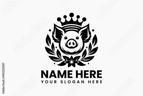 Ornate pig portrait with rococo crown of roses, vintage vector logo for gourmet charcuterie and wine labels  