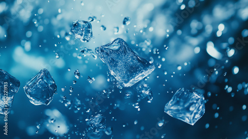 Ice cubes with the water drops creating refreshing and an icy effect on the soft blue background