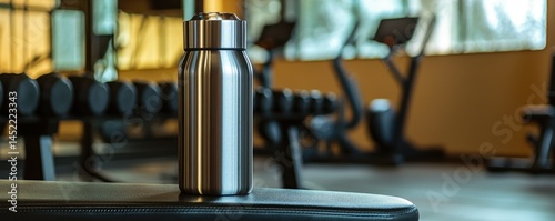 A modern stainless steel water bottle with a polished lid, placed on a fitness bench at a gym