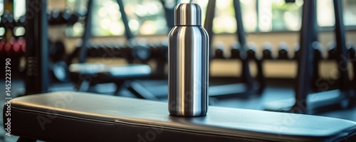 A modern stainless steel water bottle with a polished lid, placed on a fitness bench at a gym