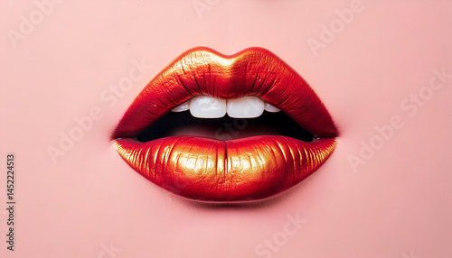 Glossy red lips on a pink background  