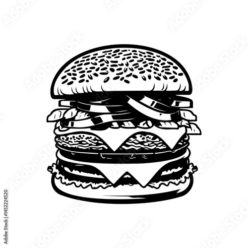 Monochrome burger illustration showcasing meticulous details and delicious composition