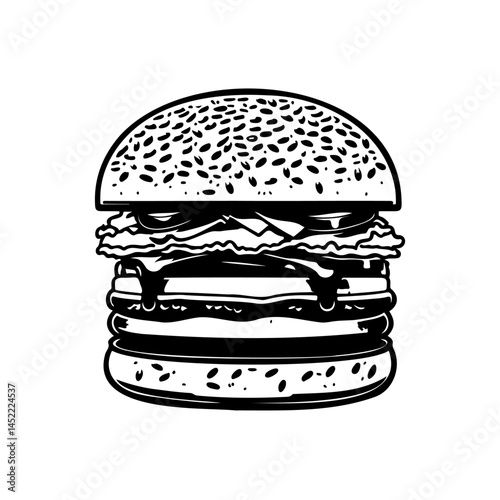 Monochrome burger illustration emphasizing texture and classic food design elements