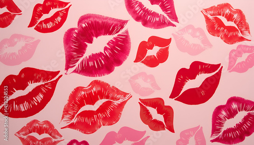 Colorful Lipstick Kisses Pattern on Pink Background  