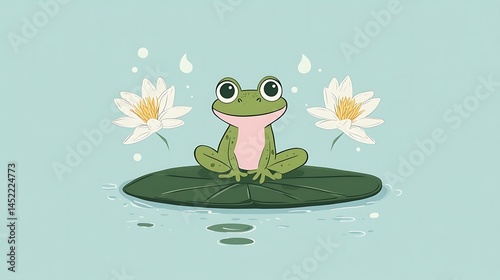 Cute Frog Lily Pad Pond Illustration.