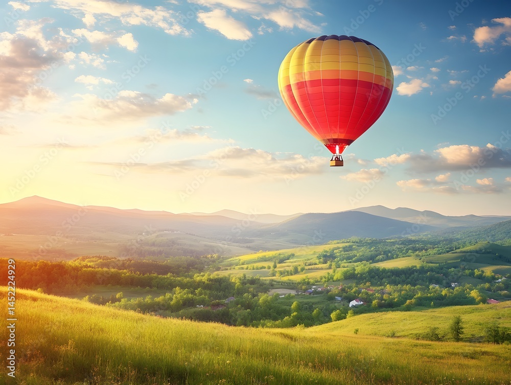Fototapeta premium 78. A hot air balloon flying over a beautiful summer valley