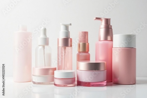 Various cosmetic containers on white backdrop , lipstick, glossy, bottle