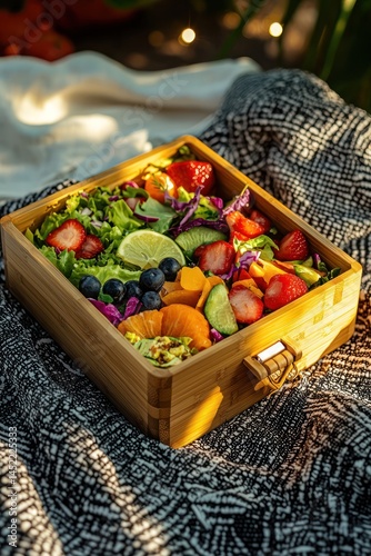 A polished bamboo lunchbox filled with vibrant salads and fruits, displayed on a picnic blanket with soft lighting
