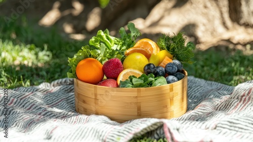 A polished bamboo lunchbox filled with colorful fruits and greens, displayed on a picnic blanket under the shade a tree