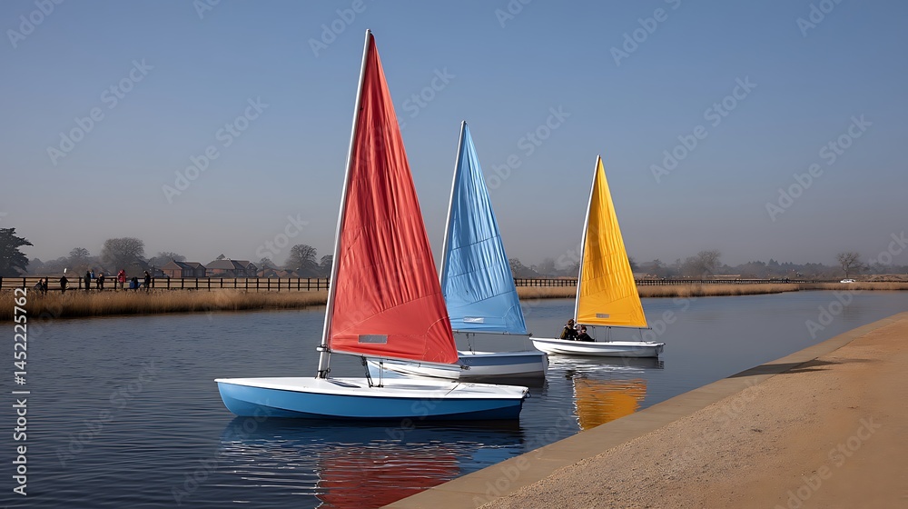Obraz premium Colorful Sailboats Glide on Calm Canal Waters.