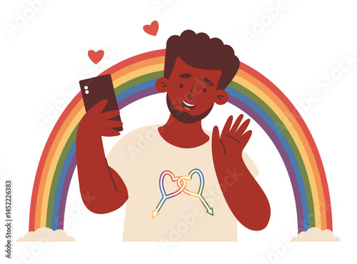 Happy gay. LGBT ethnic black man with phone Taking Selfie under rainbow. LGBTQ Pride Parade. Memorable joyful moment. Vector Illustration for Pride Month, support, celebrating love, identity