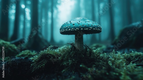 A vivid mushroom with a unique texture stands tall in a misty forest, surrounded by lush moss and subdued lighting, creating an enchanting and mysterious ambiance in nature.