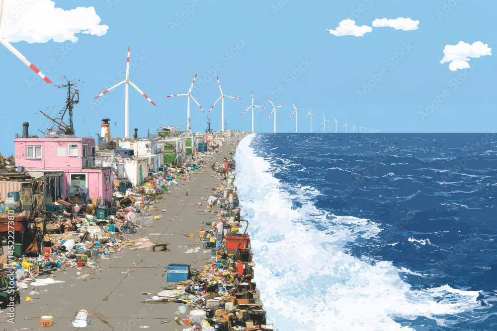 Wind turbines rising above polluted coastline and urban decay, representing the fragile coexistence between human activity and environmental recovery in transitional landscapes.
