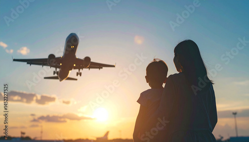 Journey's Embrace: A silhouette of a mother and child watches a plane ascend against the radiant sunset sky. The scene captures the emotion and anticipation of a travel experience.