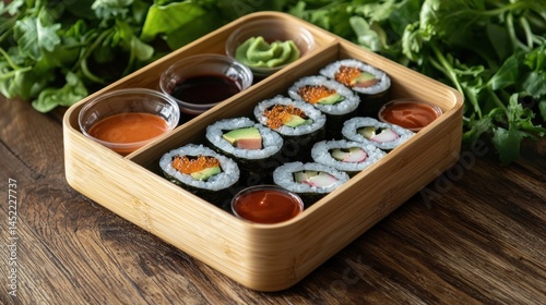A polished bamboo lunchbox packed with sushi and dipping sauces, displayed on a wooden dining table with fresh greens