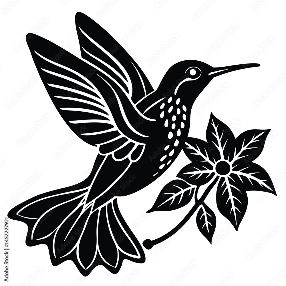 Obraz premium Elegant Black Hummingbird and Flower Silhouette Graphic Vector Art