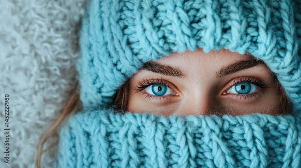 A serene close-up of a woman with mesmerizing blue eyes, wrapped in a soft blue knit hat, creating an intimate connection while radiating tranquility and comfort. A serene close-up of a woman with mesmerizing blue eyes, wrapped in a soft blue knit hat, creating an intimate connection while radiating tranquility and comfort.