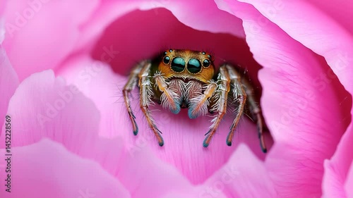 Jumping Spider with Vibrant Eyes Peeks Out from Soft Pink Flower, Showcasing Its Curious Nature and Striking Contrast