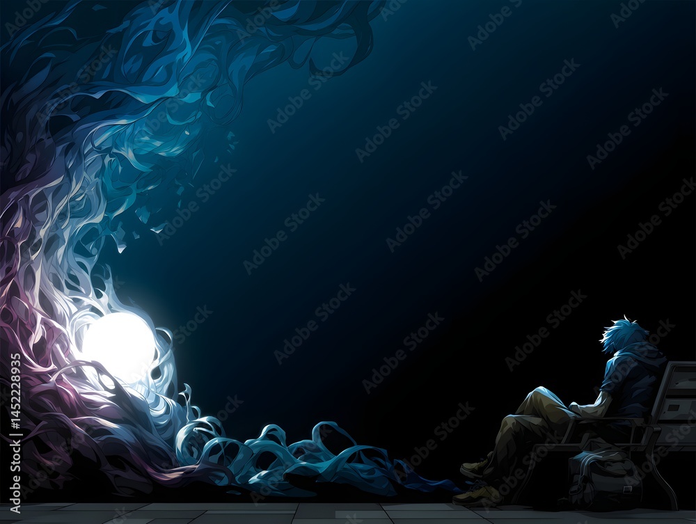 Fototapeta premium Lone contemplation in the cosmos: A lone individual sits on a bench, engrossed in thought, as a surreal celestial light show unfolds, weaving a tale of introspection and wonder.