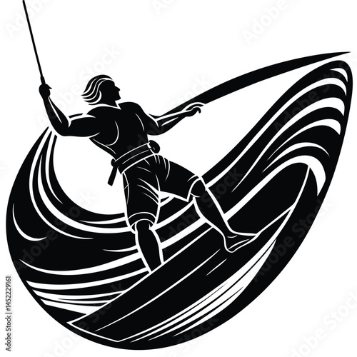Black and White Wakeboarding Vector Illustration of Man Surfing Wave Art