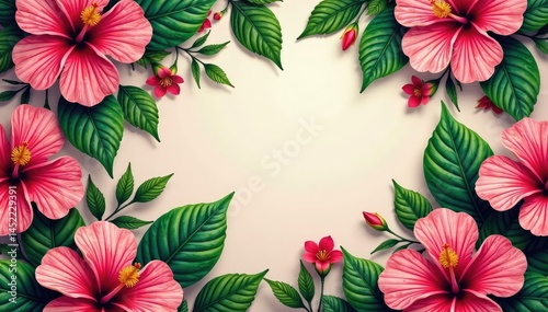 Bold, bright hibiscus & tropical leaves, repeating motif, design, leaves, floral